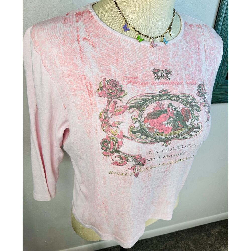 Vtg Y2K Italian Rose Glitter Pink Graphic Tee Medium